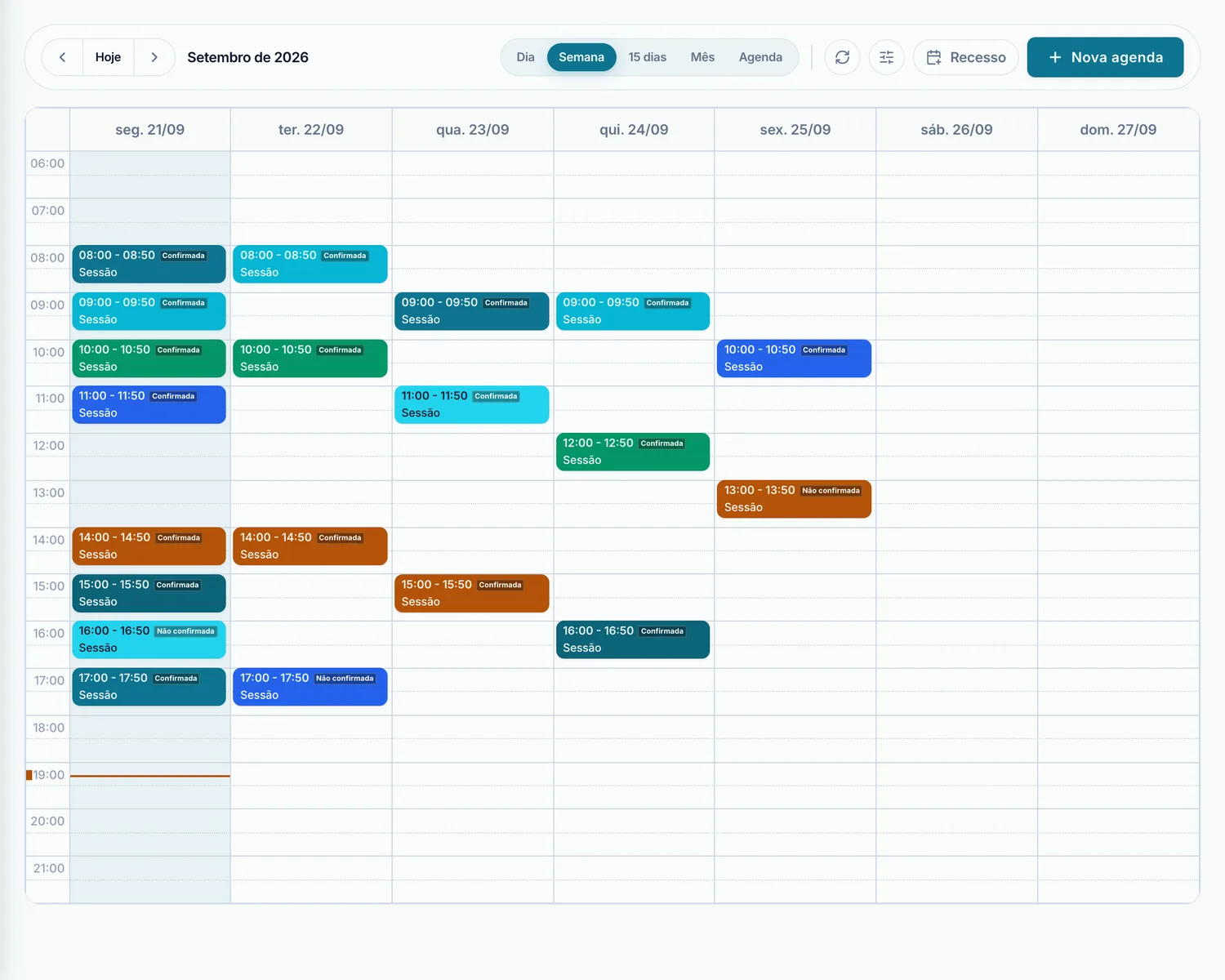 A agenda do Mentis, com as sessões da semana e seus estados de confirmação